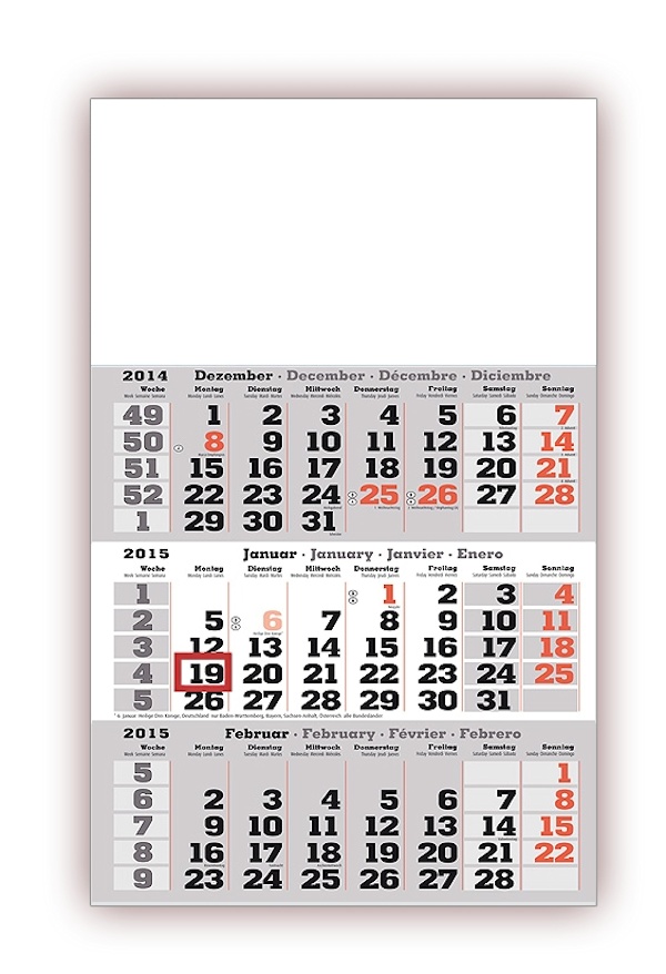 3 Monats Wandkalender 2015 mit Datumschieber in Rot, Dreimonatskalender
