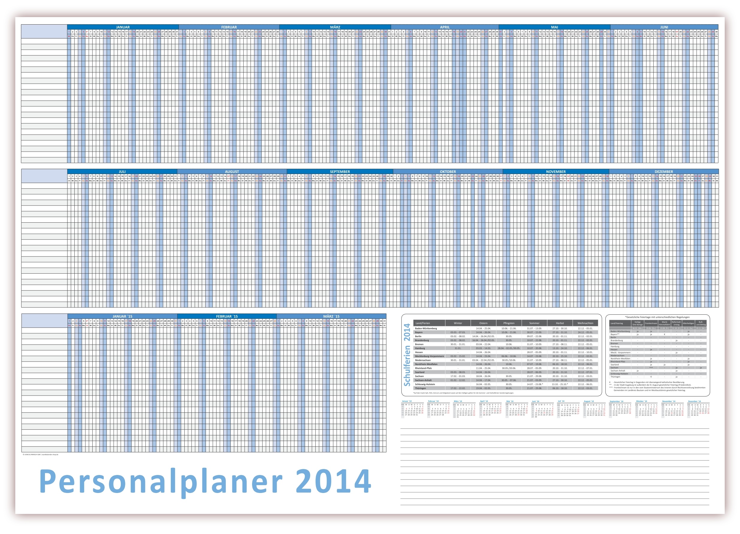 Urlaubsplaner 2014 für bis zu 22 Mitarbeiter, extra groß 100 x 70cm, 15